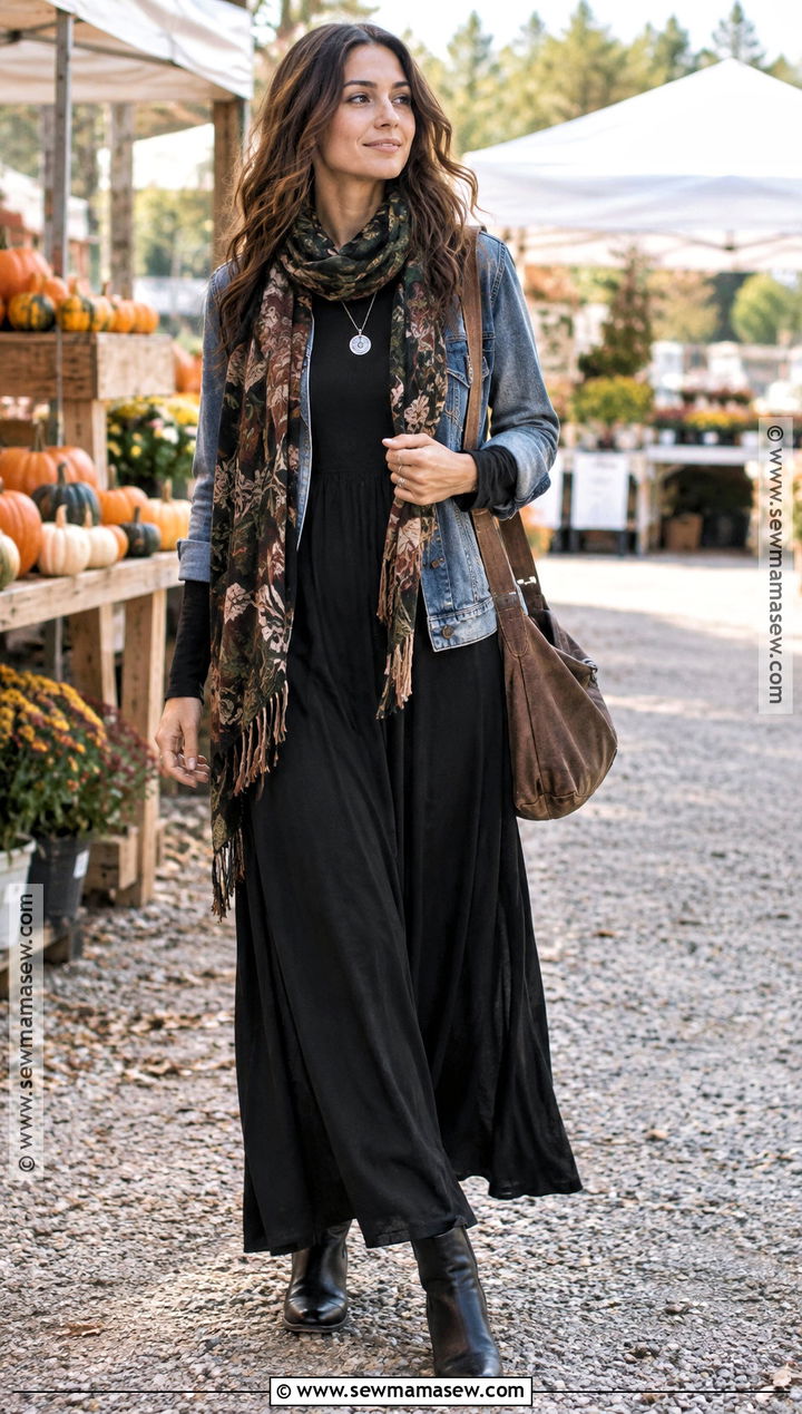 Denim Jacket And Black Maxi Dress Witchy Fall Outfit - 25 witchy fall outfits