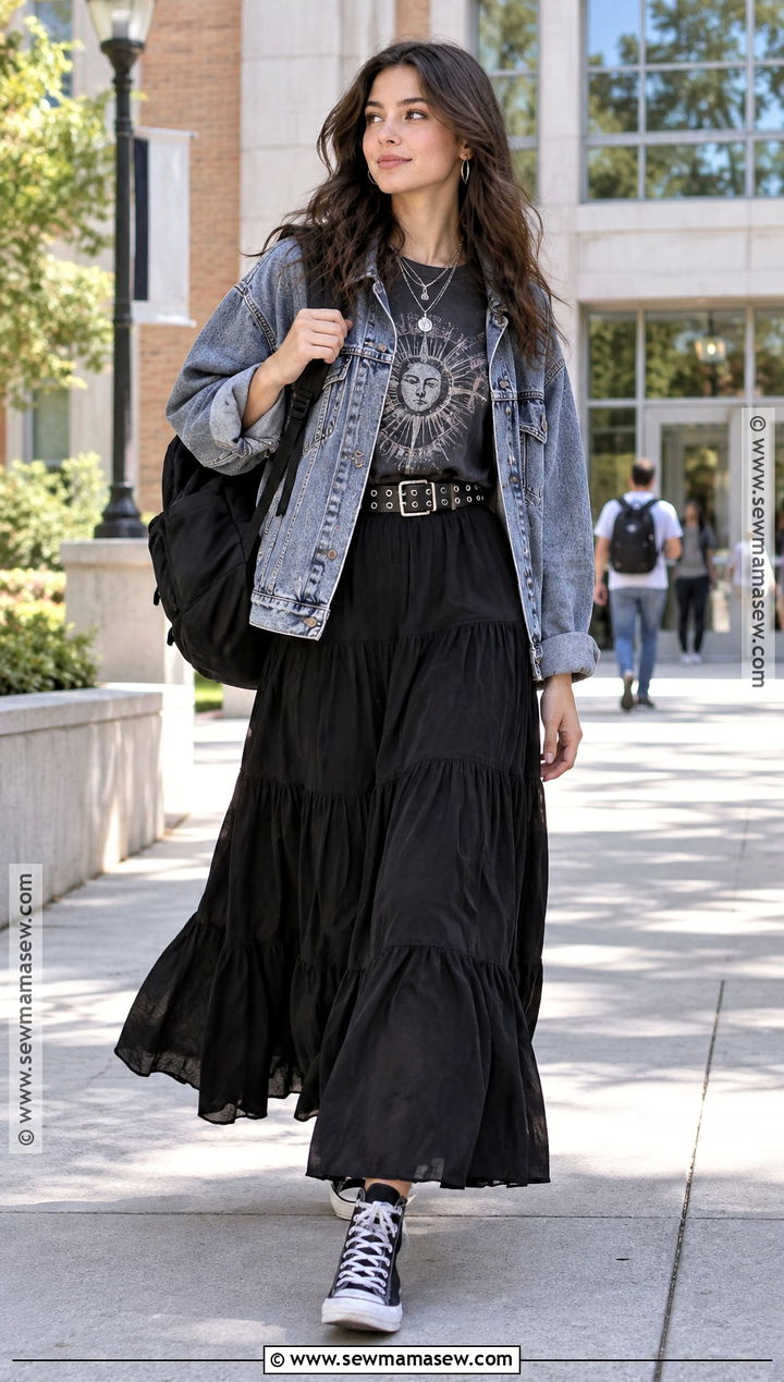 Denim Jacket And Black Maxi Skirt Outfit - 15 edgy back to school outfits