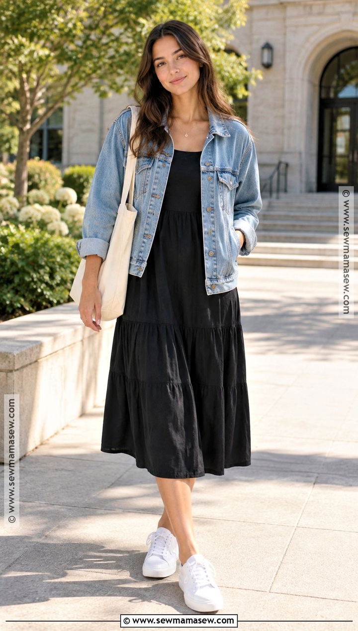 Denim Jacket And Black Midi Dress Back To School Fit - 15 calm back to school fits