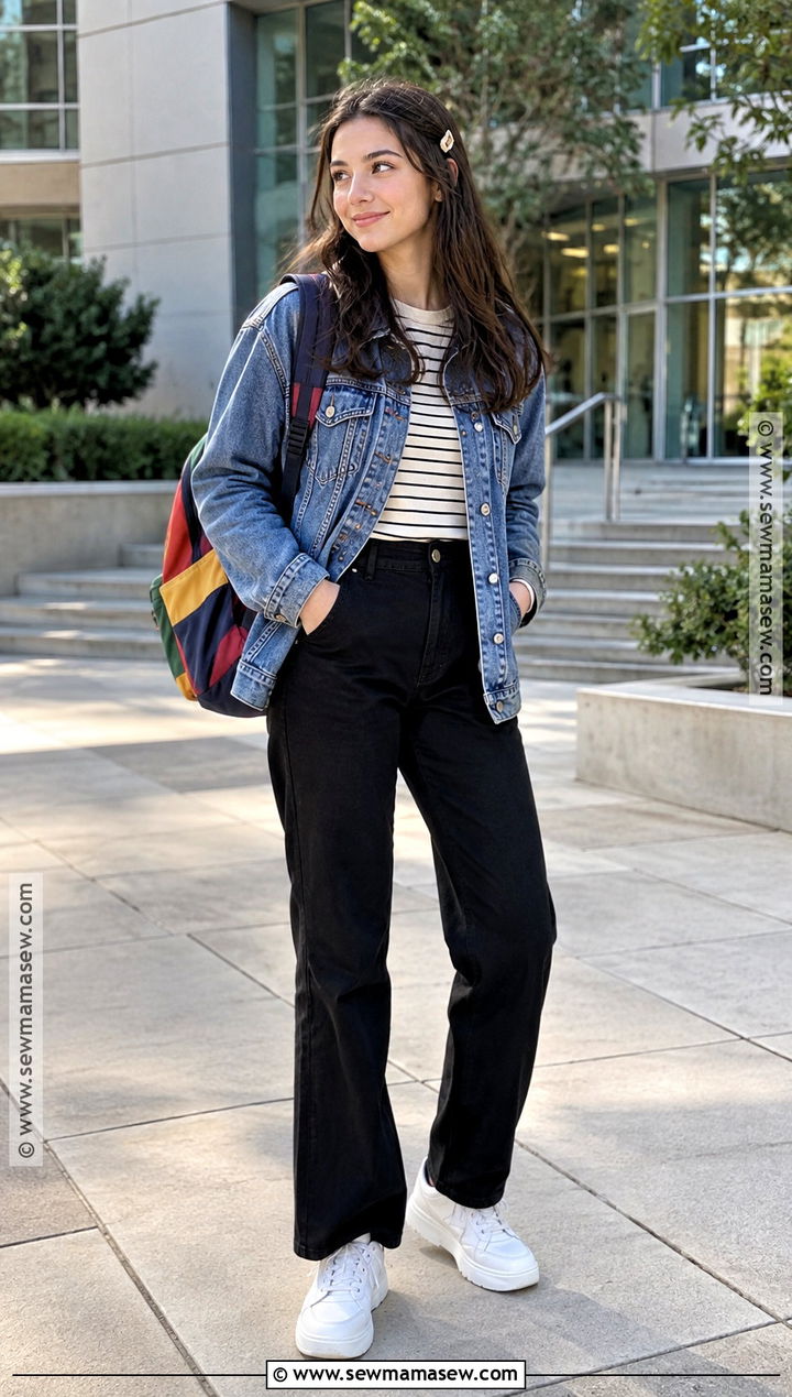 Denim Jacket And Black Pants Back To School Outfit - 15 Back To School Wishlist Clothes