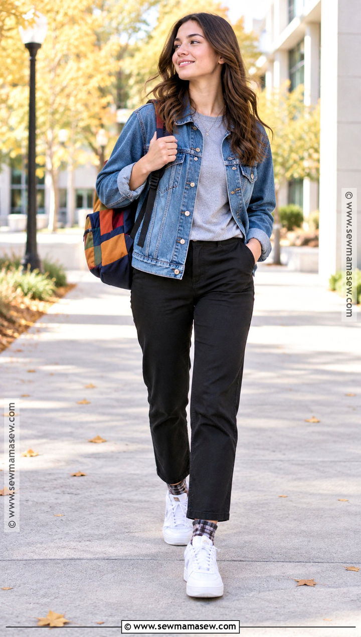 Denim Jacket And Black Pants Back To School Outfit - 20 Back To School Essentials Clothes