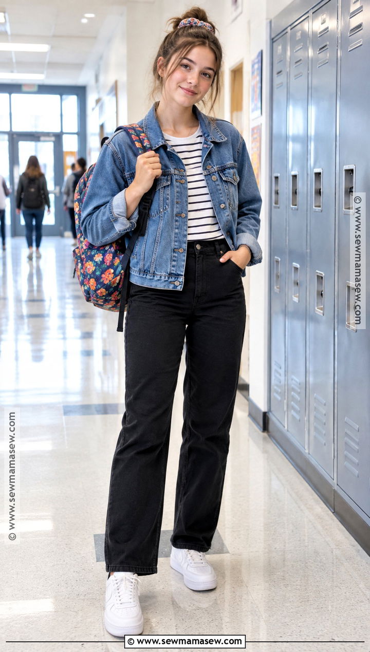 Denim Jacket And Black Pants Back To School Outfit - 20 Cheap Back To School Outfits