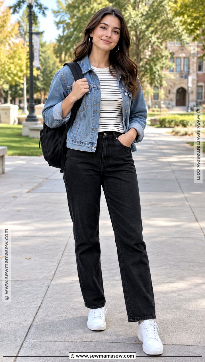 Denim Jacket And Black Pants College Outfit - 20 Autumn Outfits For College