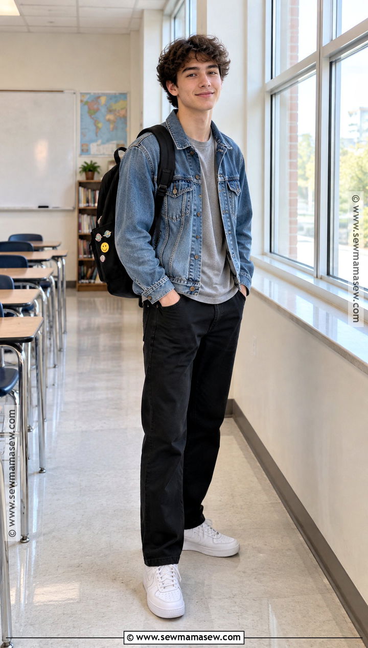 Denim Jacket And Black Pants Outfit - 20 back to school outfits dress code