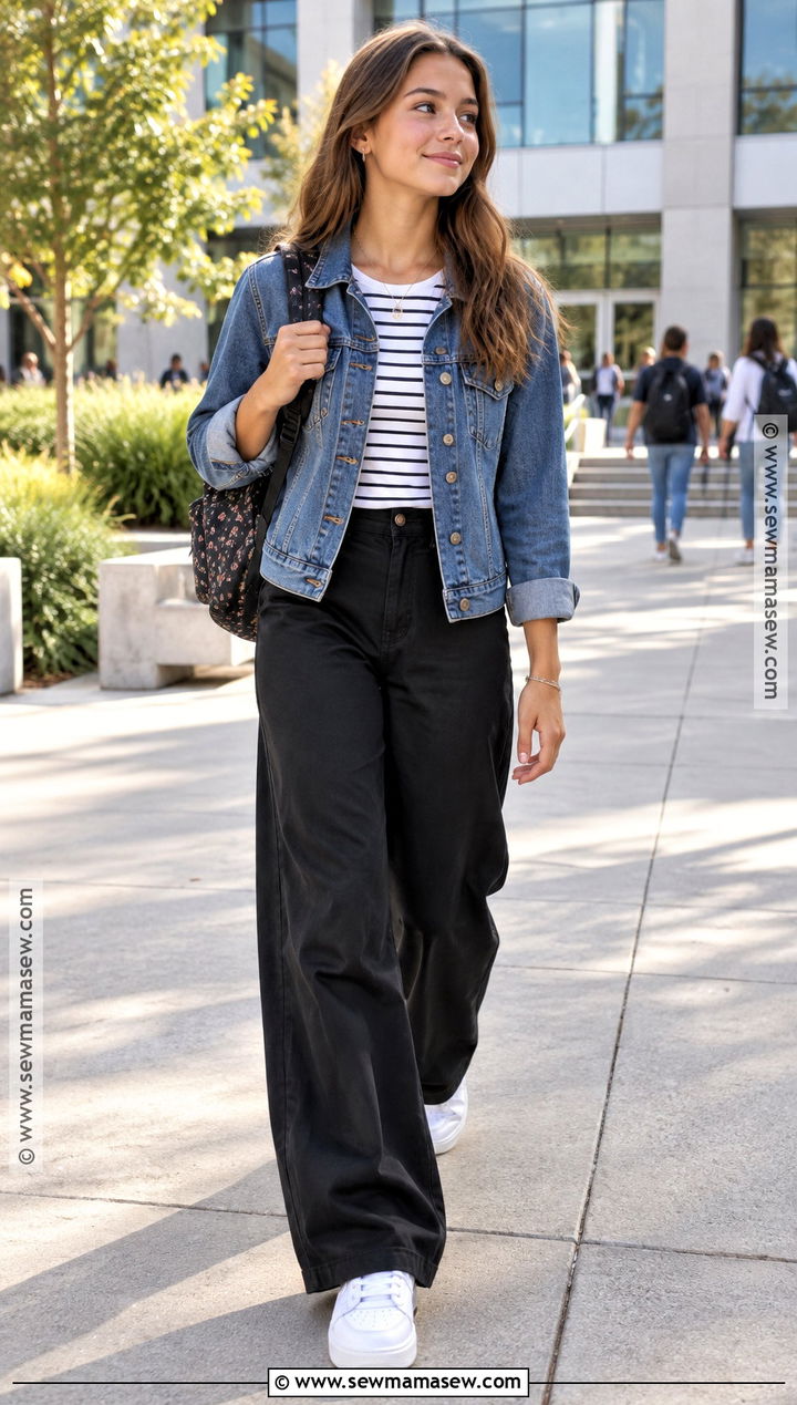 Denim Jacket And Black Pants Outfit - 25 back to school outfits for teens