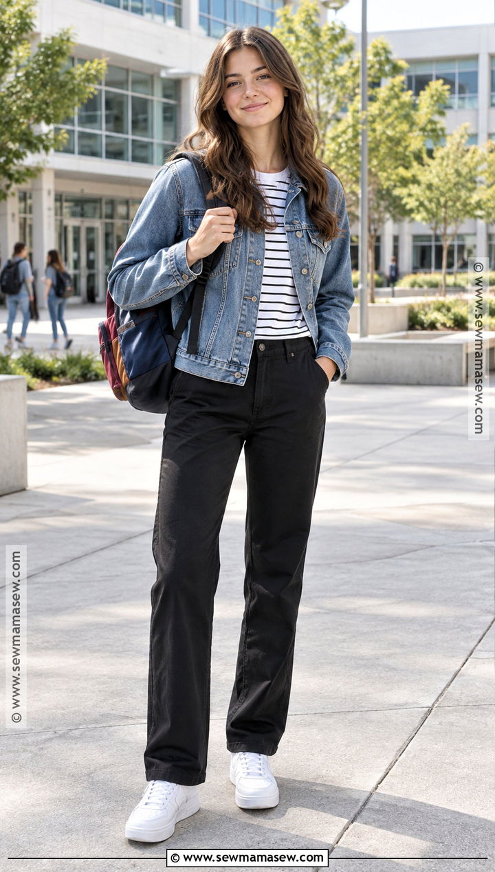 Denim Jacket And Black Pants Outfit - 15 back to school clothing essentials