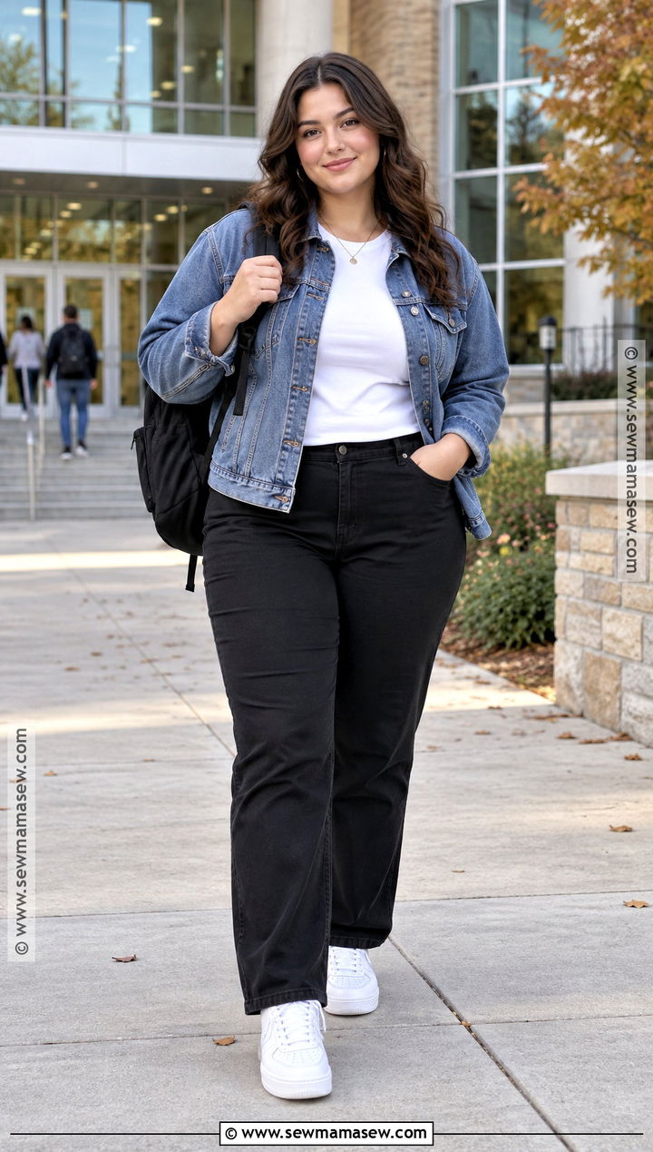 Denim Jacket And Black Pants School Outfit - 20 first day of school outfit fall ideas