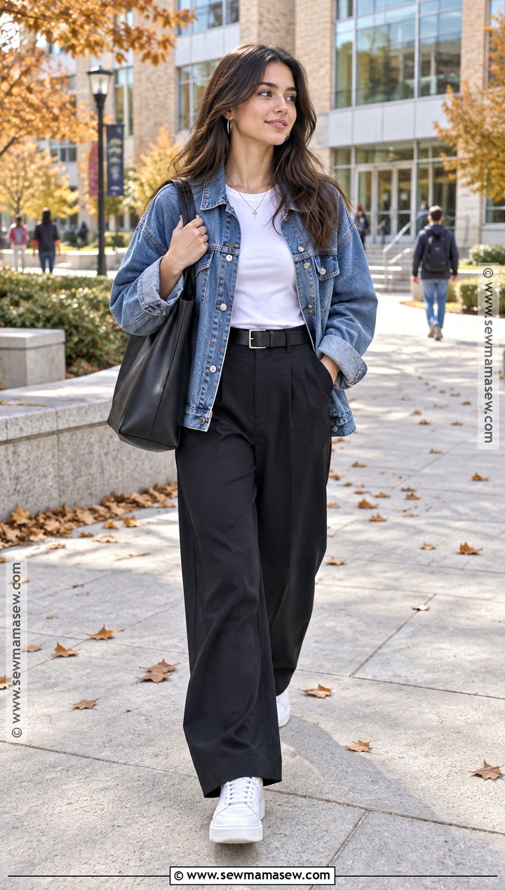 Denim Jacket And Black Trousers College Outfit - 20 autumn outfits college