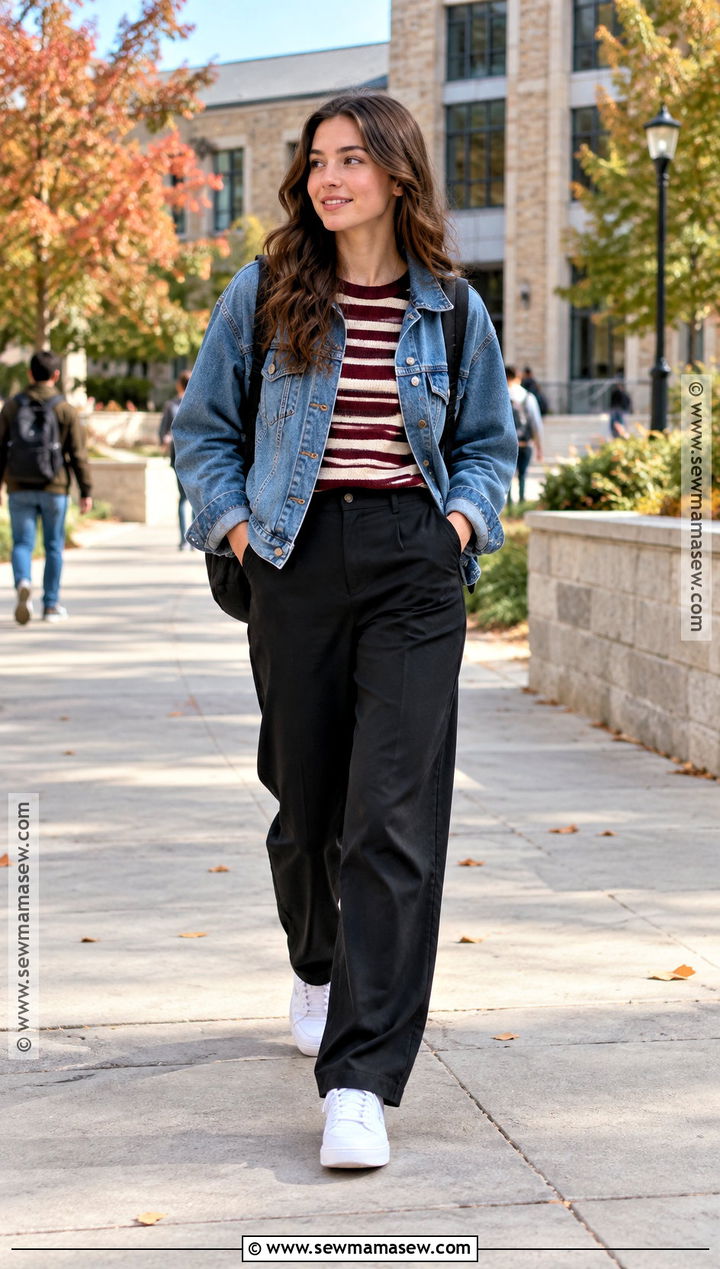 Denim Jacket And Black Trousers Uni Outfit - 25 uni fits autumn