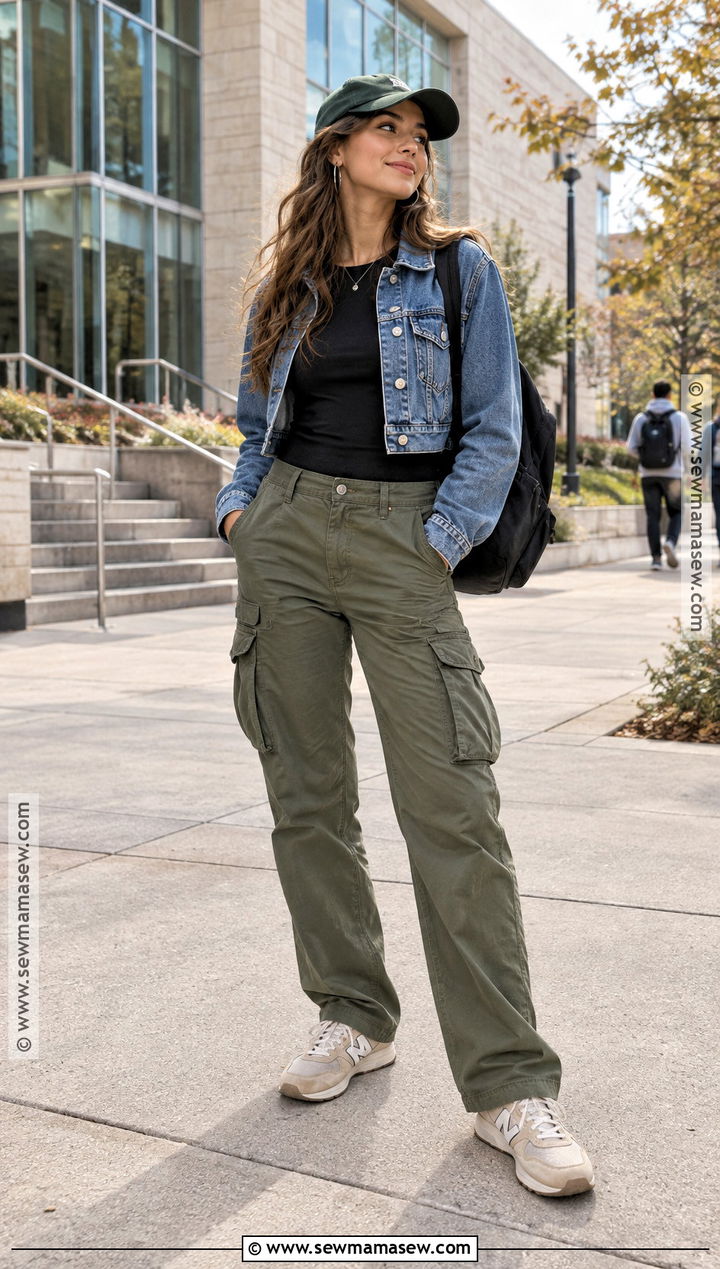 Denim Jacket And Cargo Pants College Outfit - 15 casual fall college outfits
