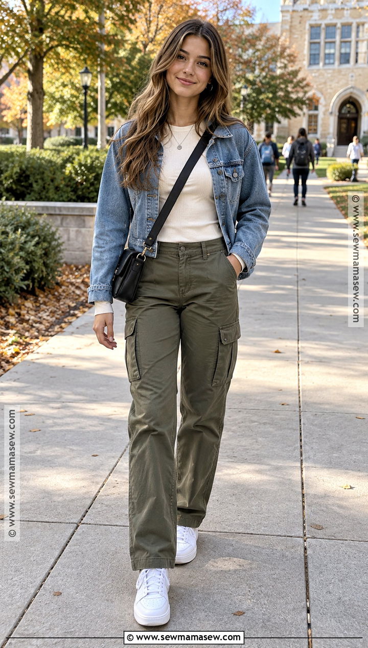 Denim Jacket And Cargo Pants Fall School Outfit - 15 simple fall school outfits