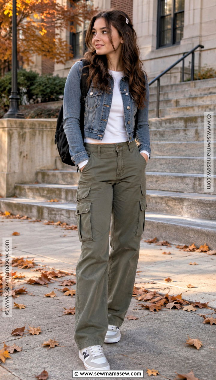 Denim Jacket And Cargo Pants Fall School Outfit - 30 fall outfits for school