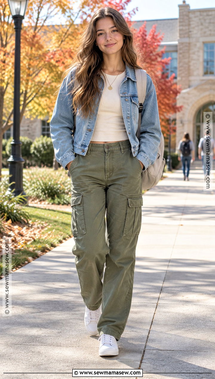 Denim Jacket And Cargo Pants Fall School Outfit - 15 Fall School Outfits Highschool Casual