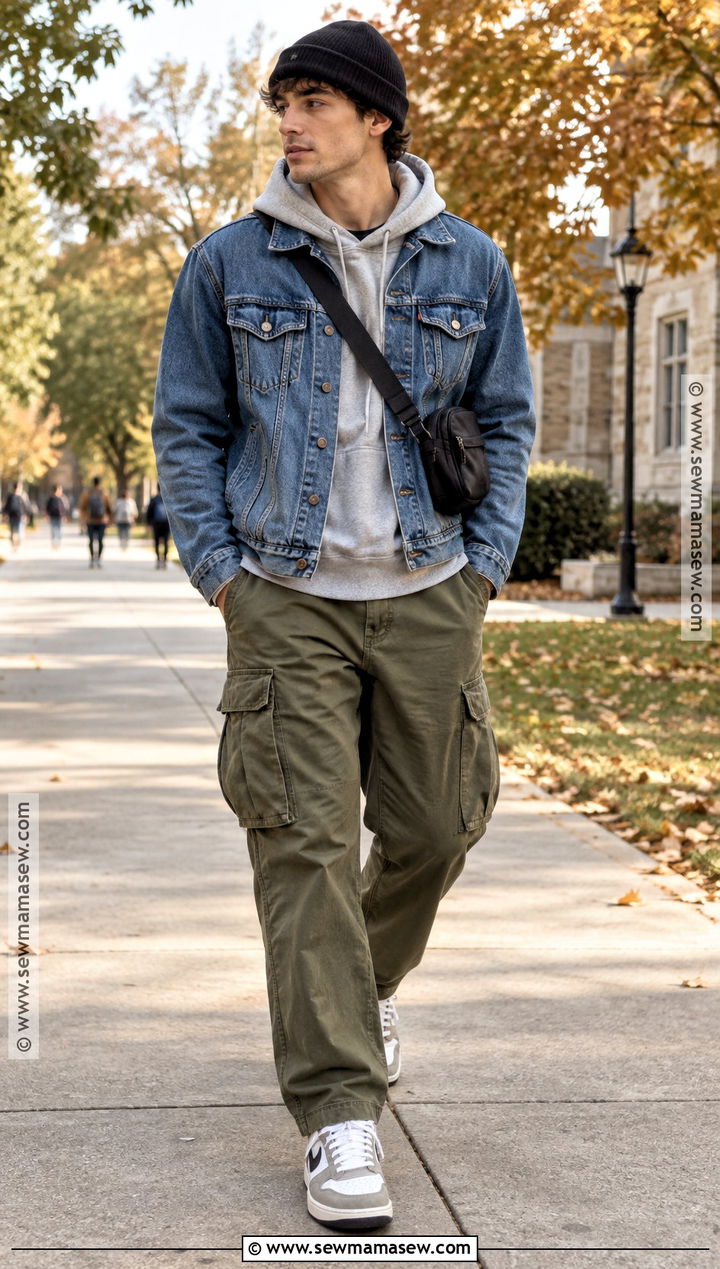 Denim Jacket And Cargo Pants Outfit - 15 fall male fashion ideas