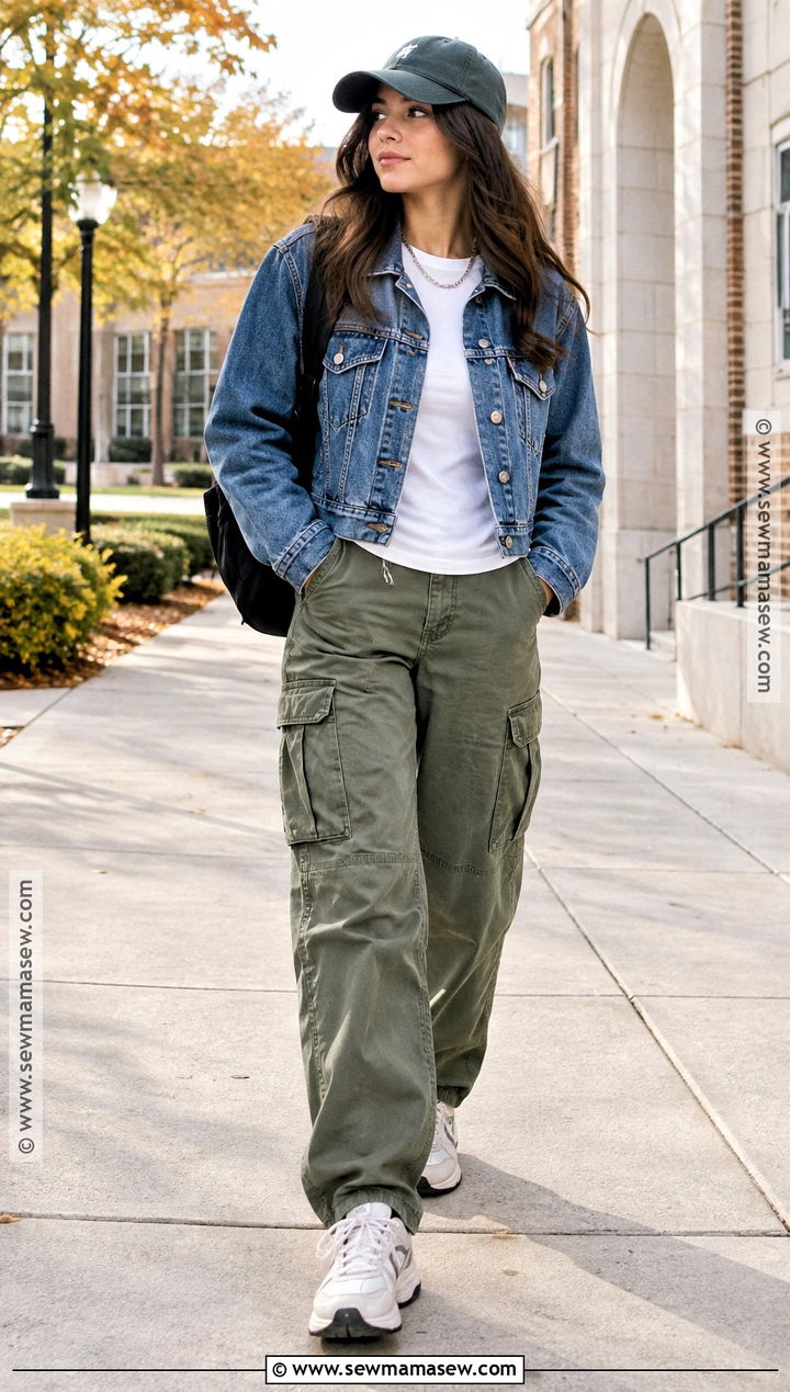 Denim Jacket And Cargo Pants School Outfit - 15 School Outfits Fall Aesthetic