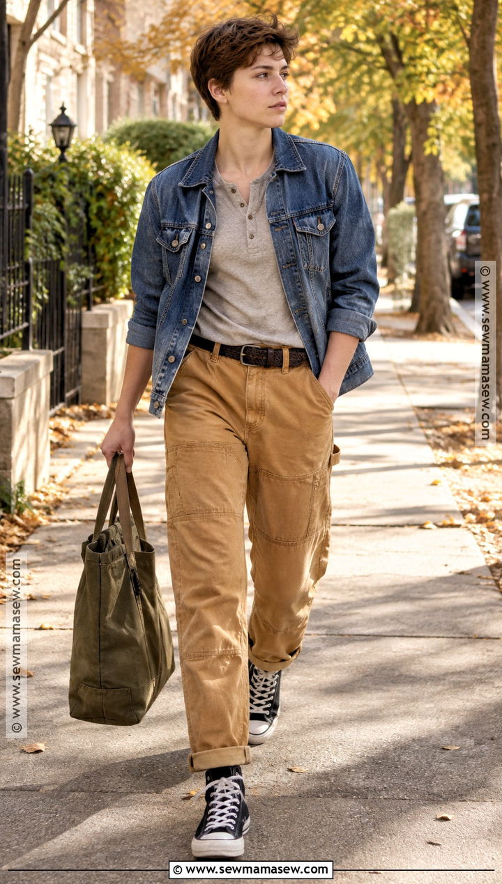 Denim Jacket And Carpenter Pants Masc Fall Outfit - 15 cute fall outfits masc