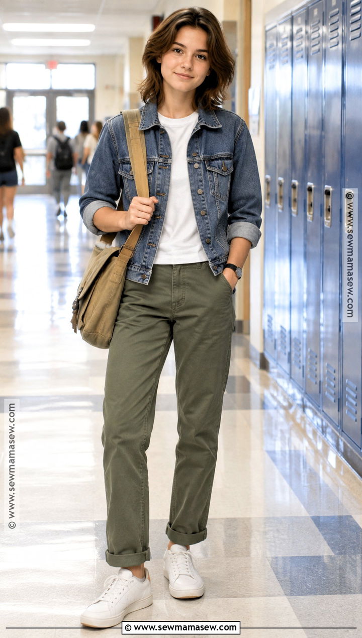 Denim Jacket And Chino Pants Tomboy Outfit - 15 back to school outfits tomboy