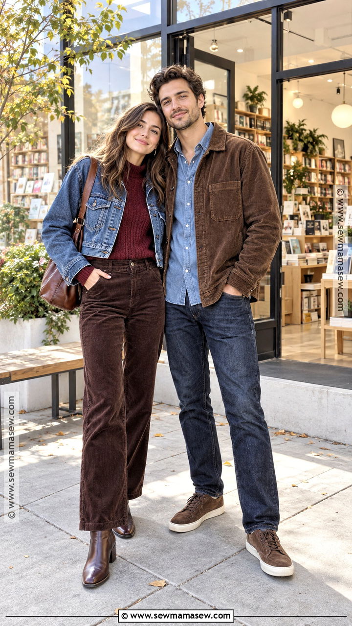 Denim Jacket And Corduroy Couple Outfit - 20 Fall Outfit Ideas for Couples