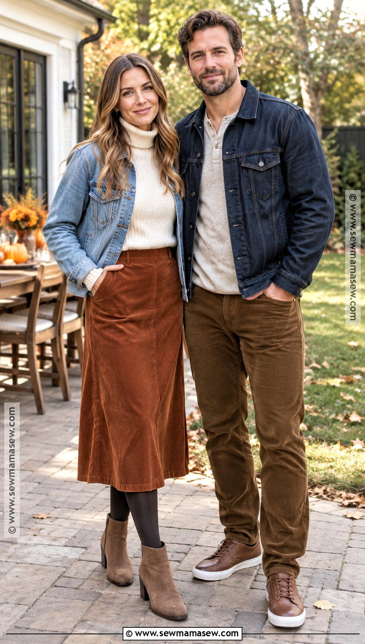 Denim Jacket And Corduroy Couple Thanksgiving Outfit - 15 cute couple thanksgiving outfits