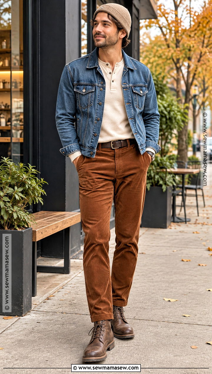 Denim Jacket And Corduroy Pants Fall Outfit - 20 fall outfit ideas for men