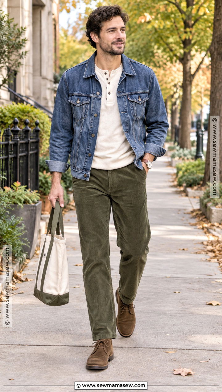 Denim Jacket And Corduroy Pants Fall Outfit - 20 fall outfit inspo ideas for men