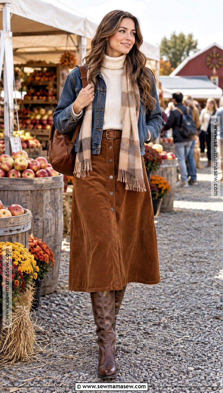 Denim Jacket And Corduroy Skirt Outfit - 20 festival fall outfit ideas