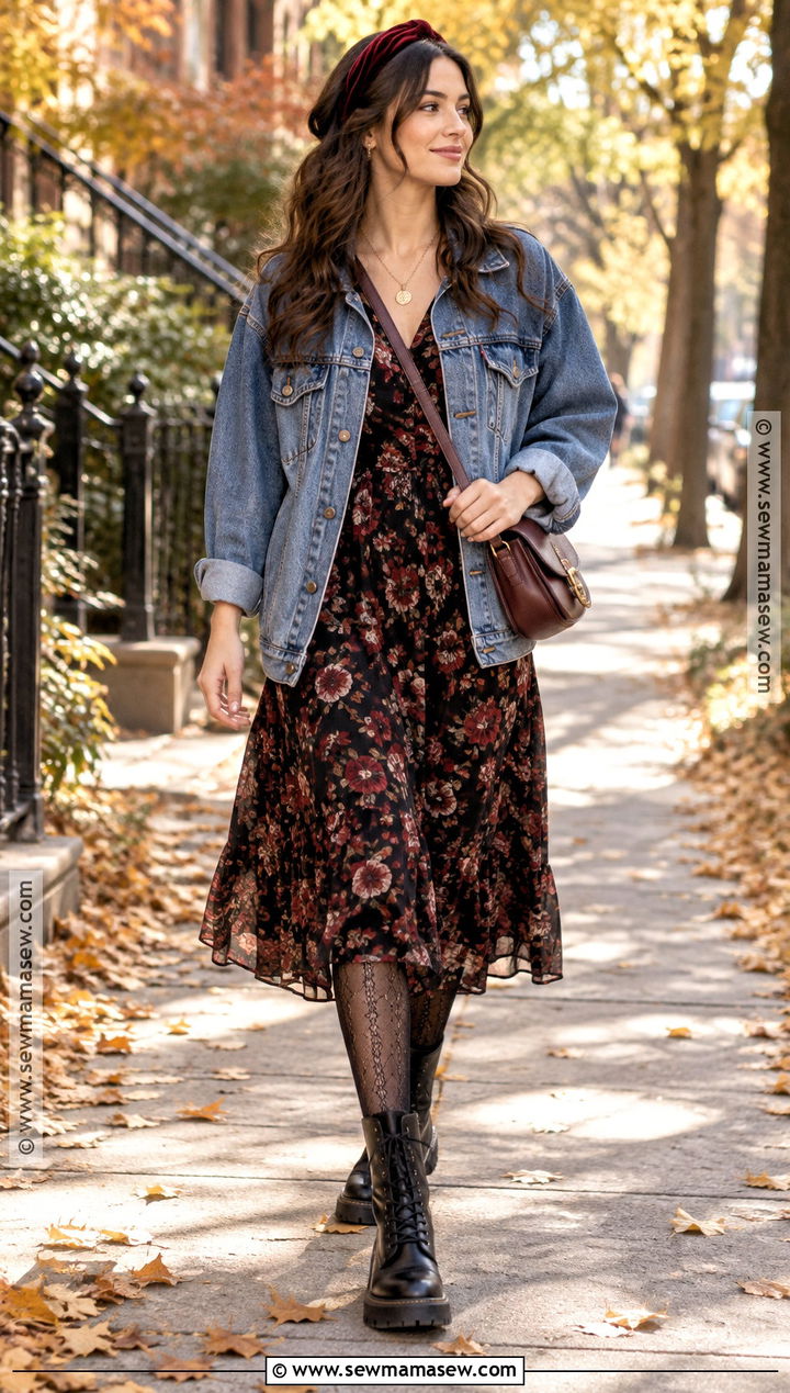 Denim Jacket And Dark Floral Dress Autumn Outfit - 25 alt autumn outfits