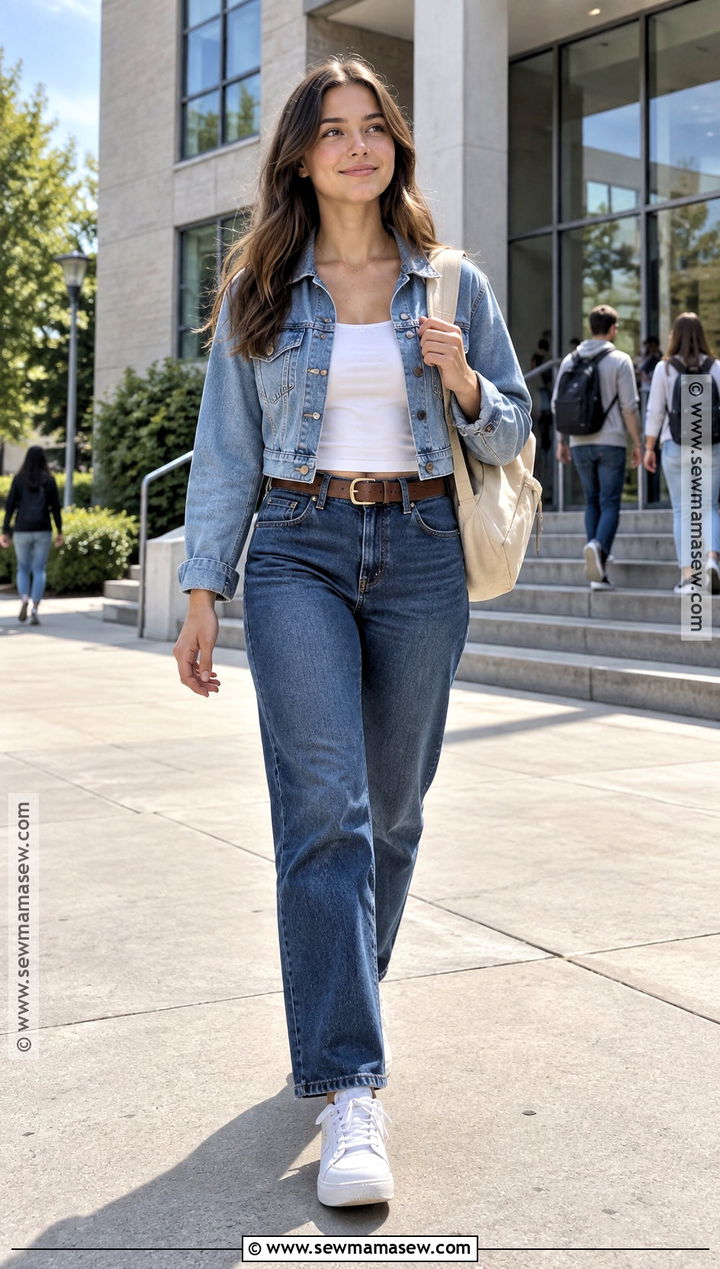 Denim Jacket And Denim Jeans College Outfit - 20 back to school fits college