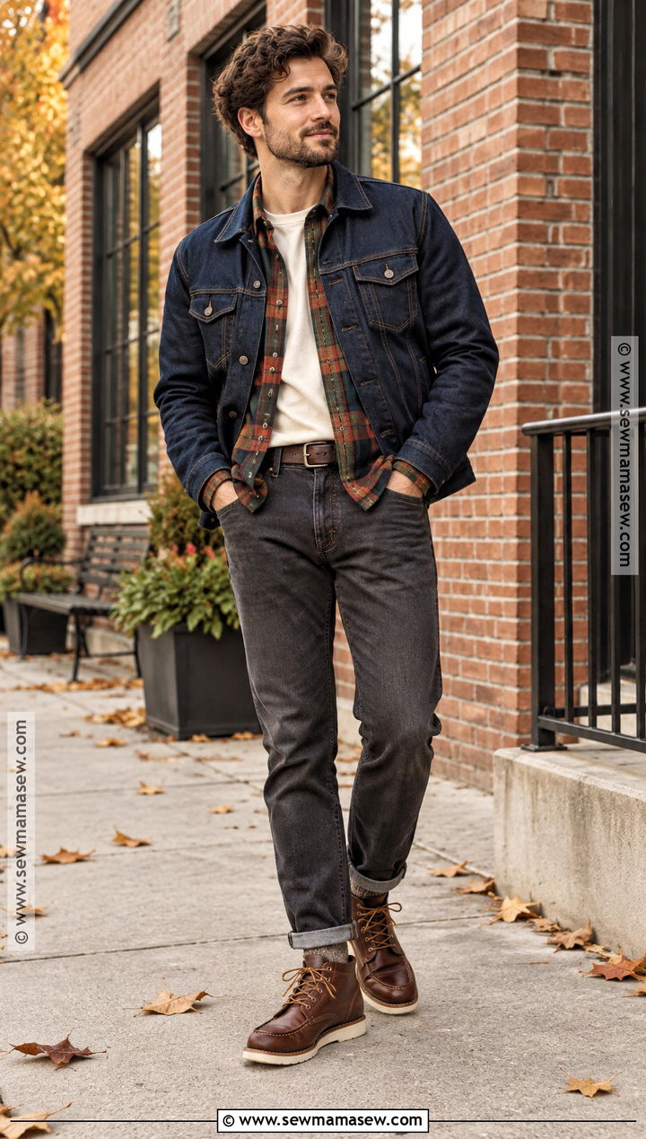 Denim Jacket And Flannel Fall Outfit - 25 fall fashion ideas for men