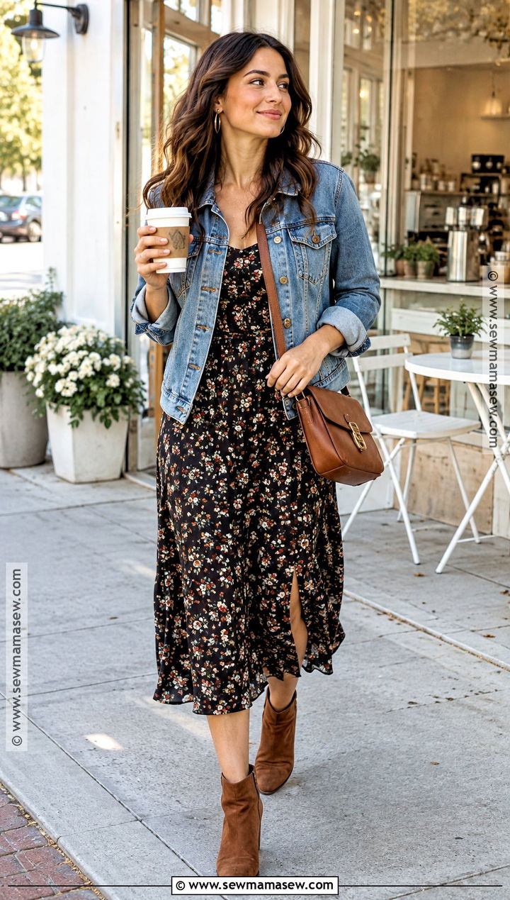 Denim Jacket And Floral Dress Coffee Date Outfit - 20 fall coffee date outfit ideas