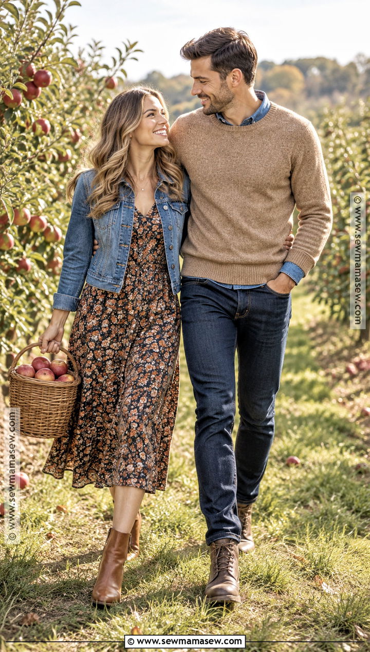 Denim Jacket And Floral Dress Fall Couple Outfit - 25 fall photo shoot outfits for couples