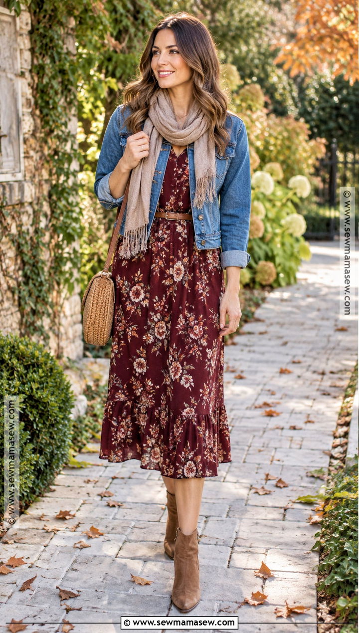 Denim Jacket And Floral Dress Fall Outfit - 15 Fall Themed Outfits Aesthetic