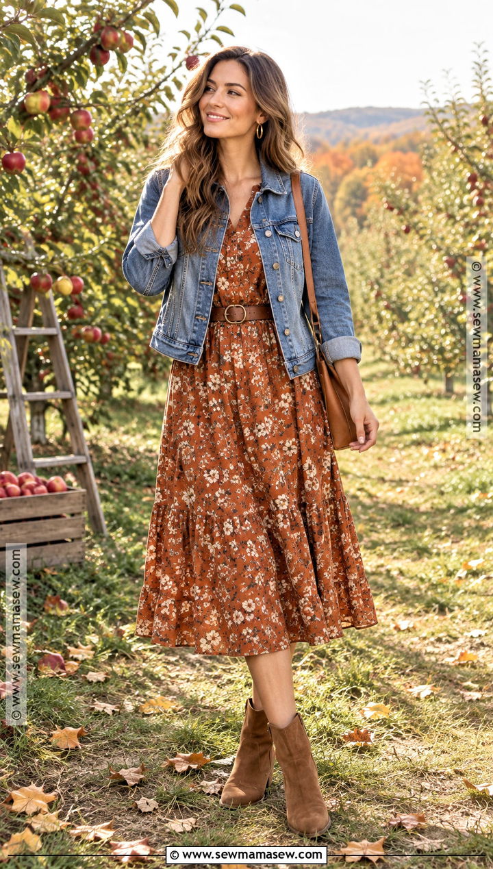 Denim Jacket And Floral Dress Fall Photo Shoot Outfit - 30 fall photo shoot outfits
