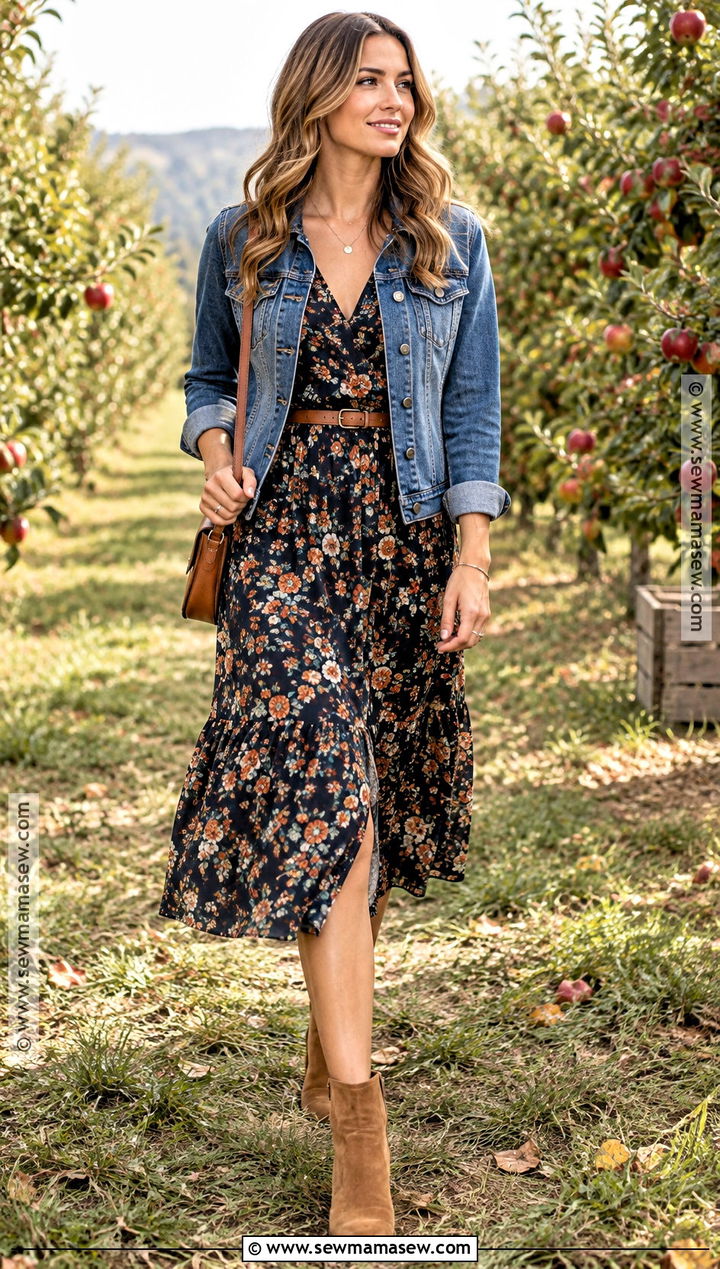 Denim Jacket And Floral Dress Fall Picture Outfit - 25 fall picture outfits