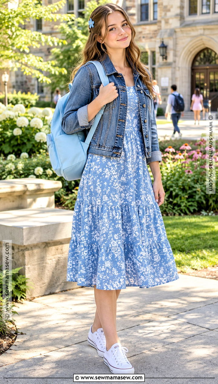 Denim Jacket And Floral Dress School Outfit - 20 Back To School Outfits Fly for Girls
