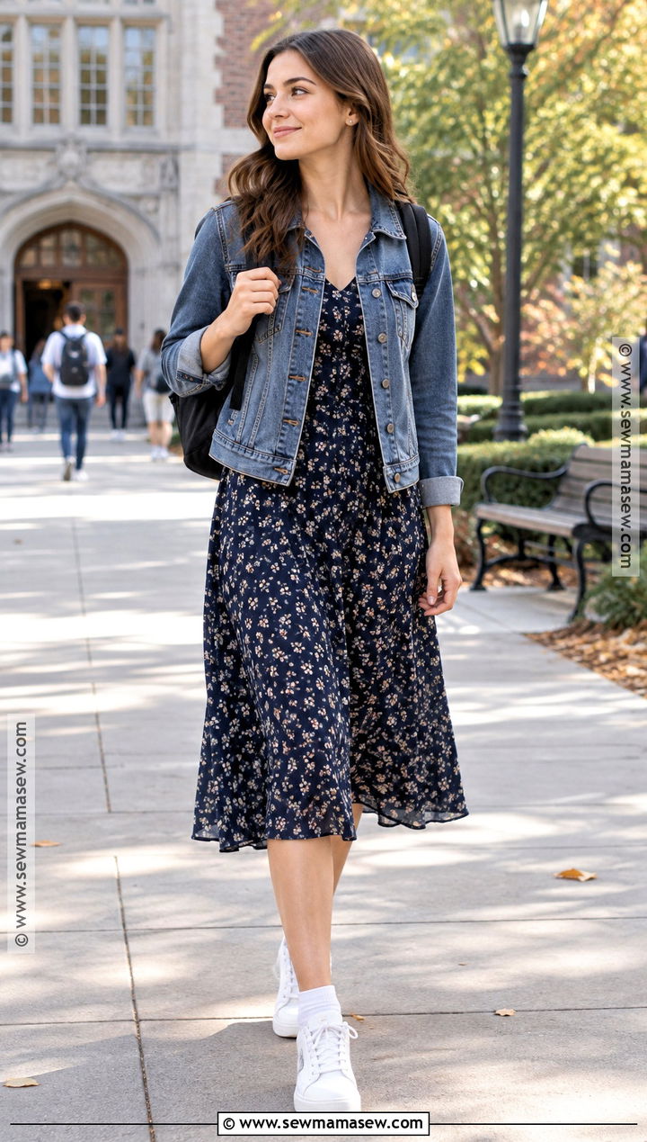 Denim Jacket And Floral Dress School Outfit - 20 cute school outfits fall