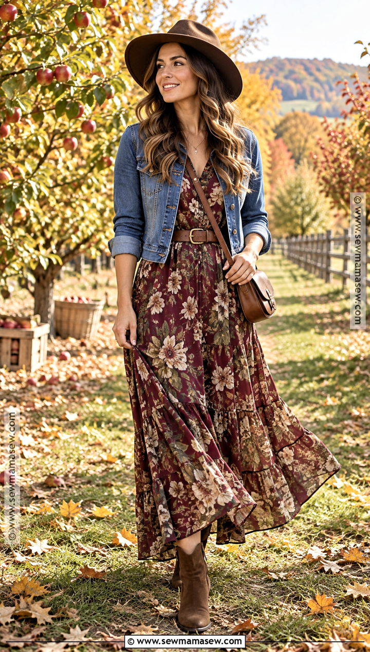 Denim Jacket And Floral Maxi Dress Autumn Photoshoot Outfit - 15 autumn outfit photoshoot ideas
