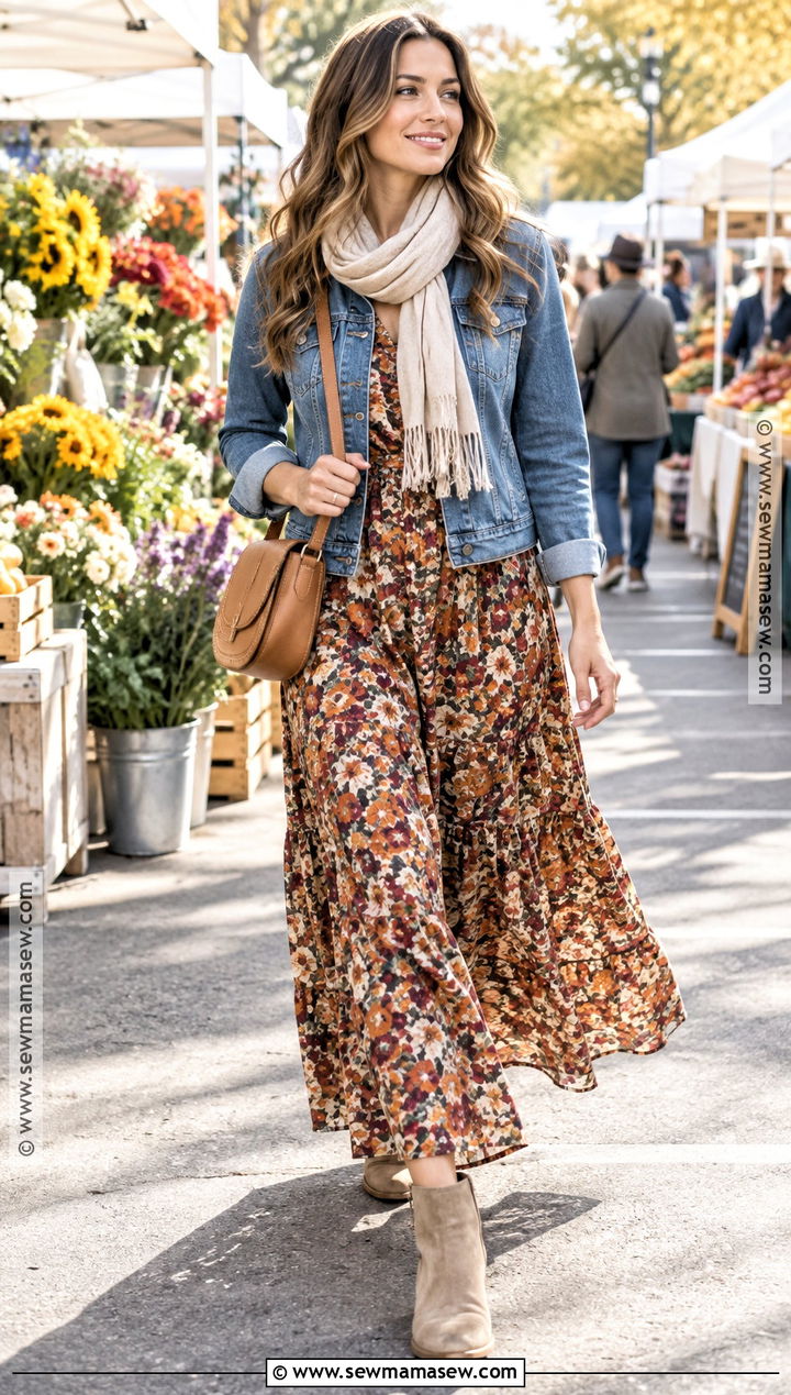Denim Jacket And Floral Maxi Dress Modest Fall Outfit - 25 fall outfits modest