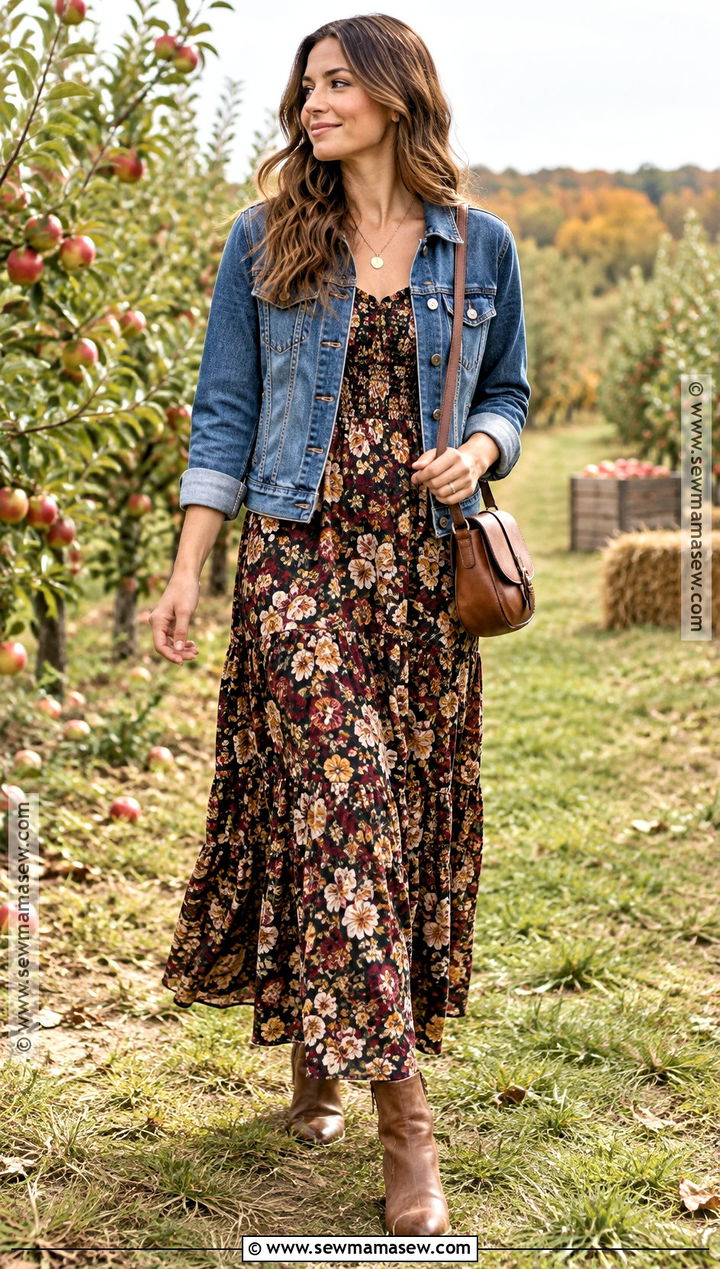 Denim Jacket And Floral Maxi Dress Outfit - 20 Autumn Photoshoot Outfits