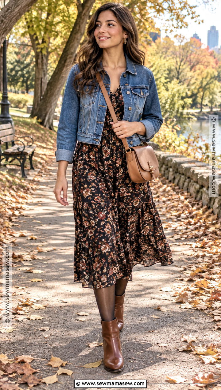 Denim Jacket And Floral Midi Dress Autumn Outfit - 25 cute autumn outfits