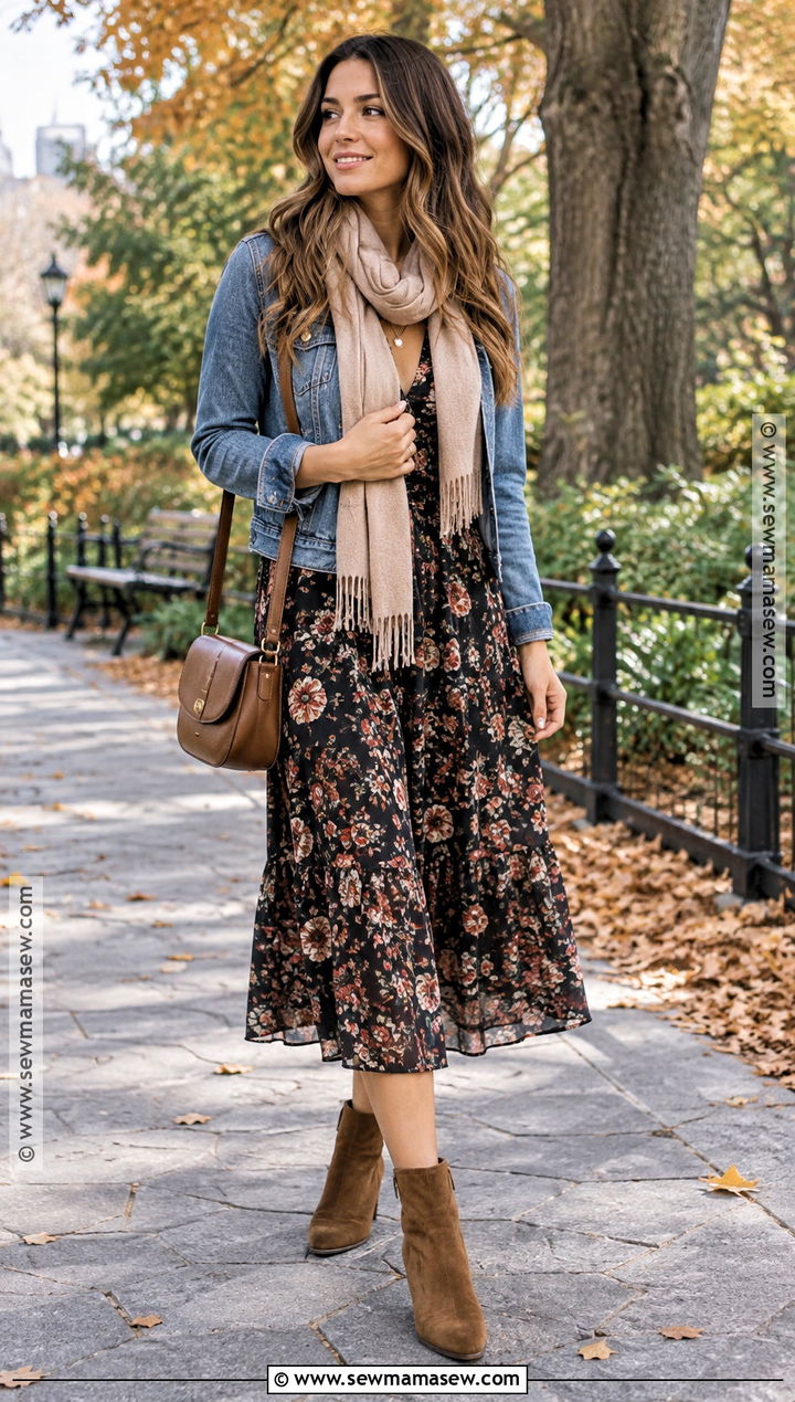 Denim Jacket And Floral Midi Dress Autumn Outfit - 15 Girl Autumn Clothes