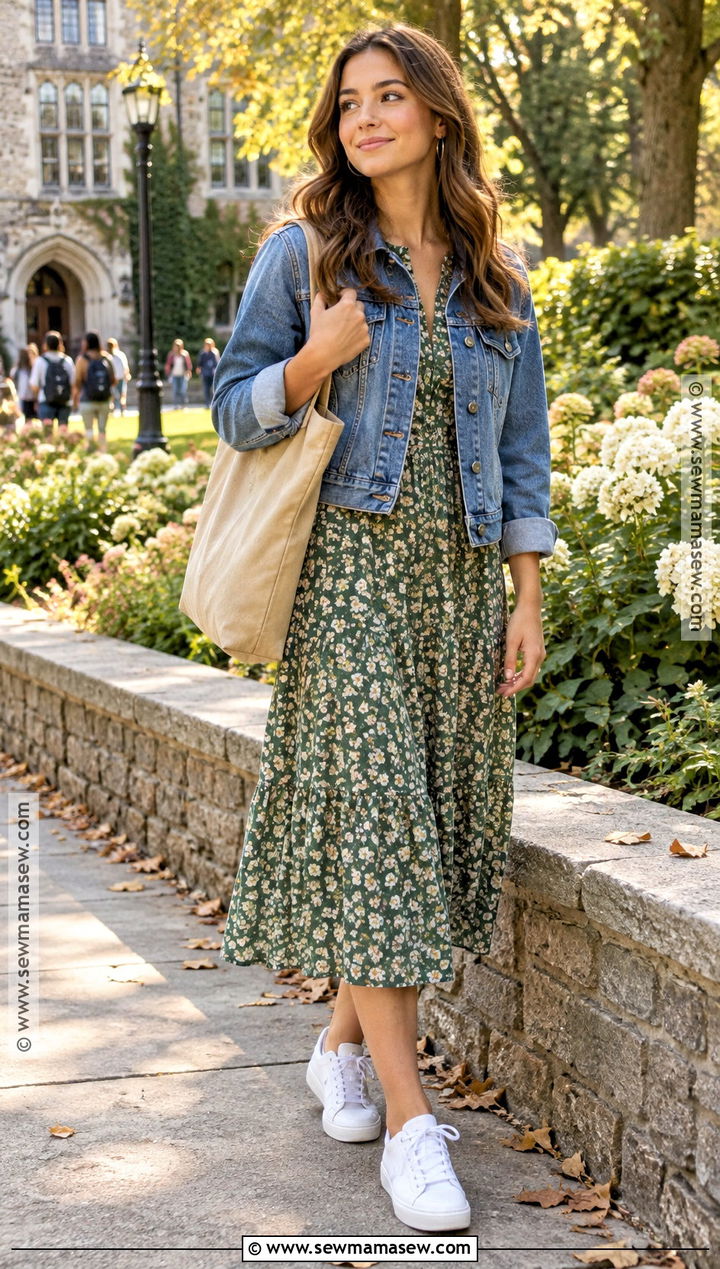 Denim Jacket And Floral Midi Dress Back To School Outfit - 15 back to school outfits inspiration
