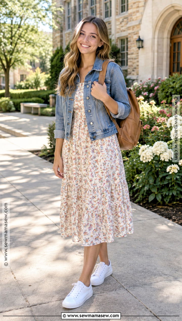Denim Jacket And Floral Midi Dress Back To School Outfit - 15 back to school 2026 outfits