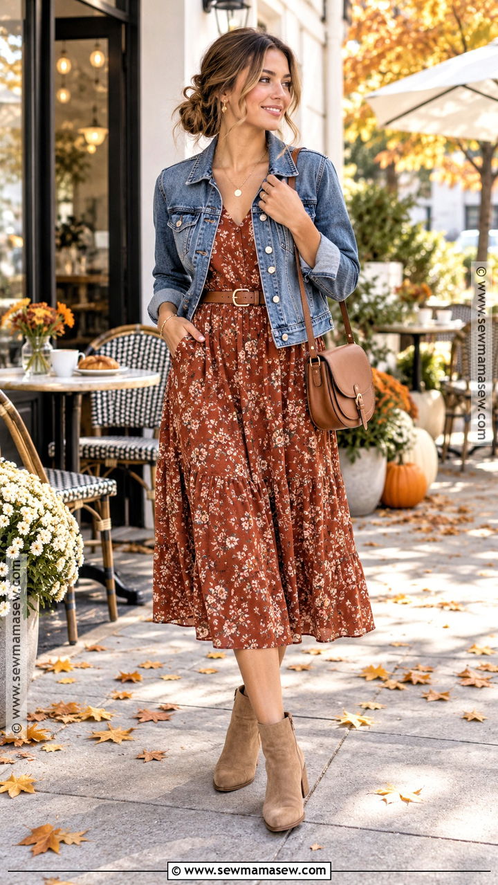 Denim Jacket And Floral Midi Dress Brunch Outfit - 20 Brunch Outfit Fall Casual Ideas