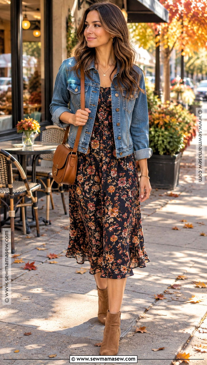 Denim Jacket And Floral Midi Dress Fall Brunch Outfit - 25 fall brunch outfit ideas