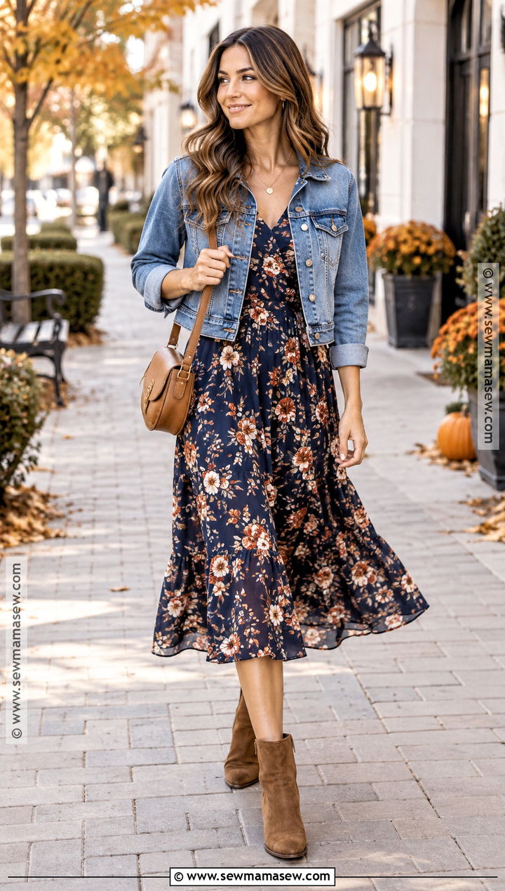 Denim Jacket And Floral Midi Dress Fall Date Night Outfit - 25 fall date night outfit casual ideas