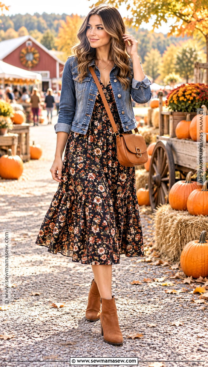 Denim Jacket And Floral Midi Dress Fall Festival Outfit - 25 fall festival outfits