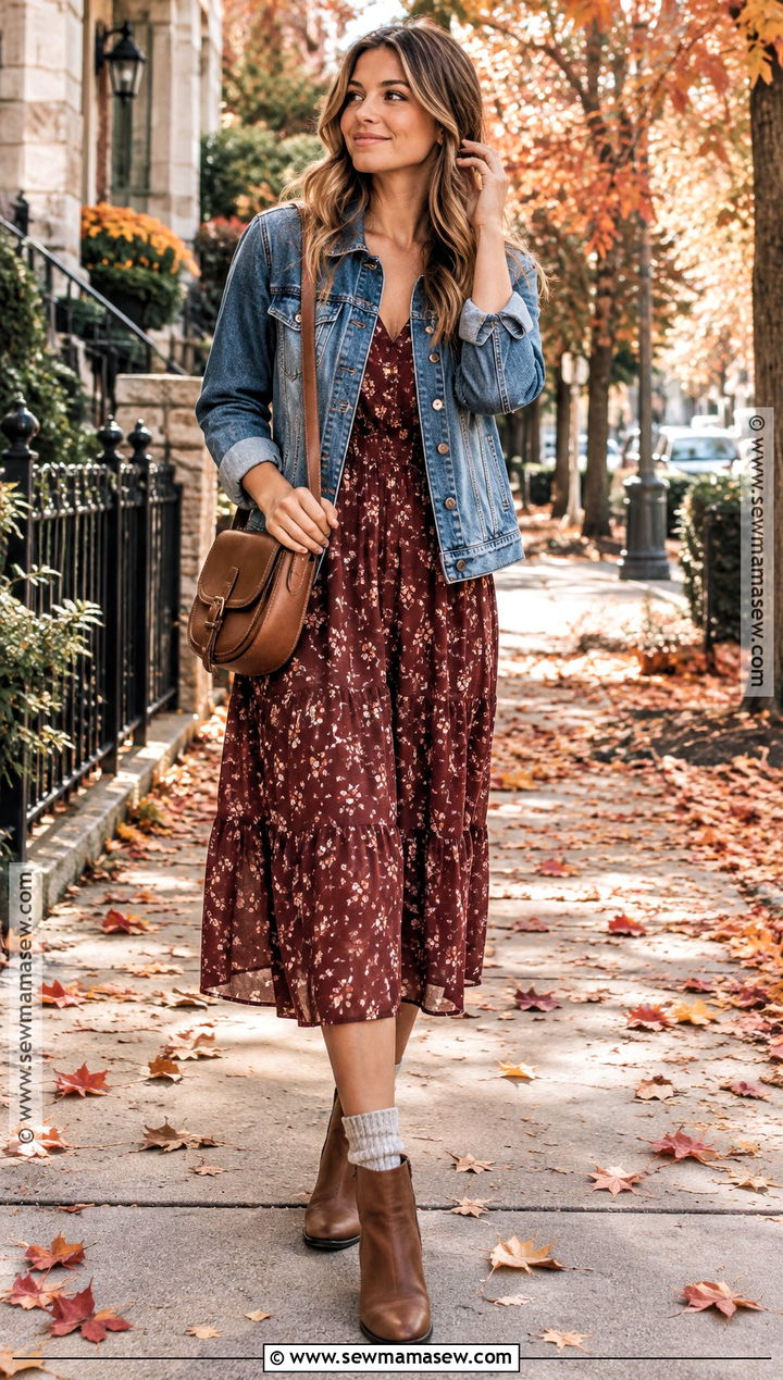 Denim Jacket And Floral Midi Dress Fall Outfit - 15 girl next door fall outfits