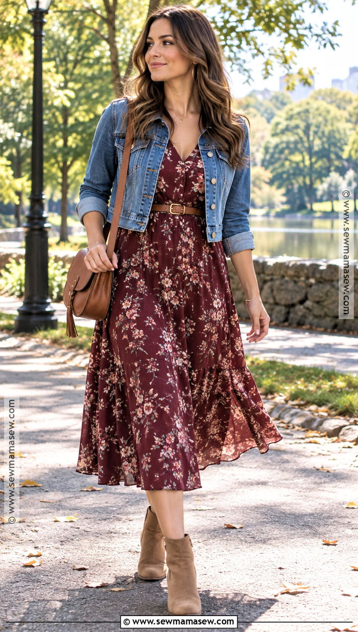 Denim Jacket And Floral Midi Dress Fall Outfit - 25 cute outfits for fall