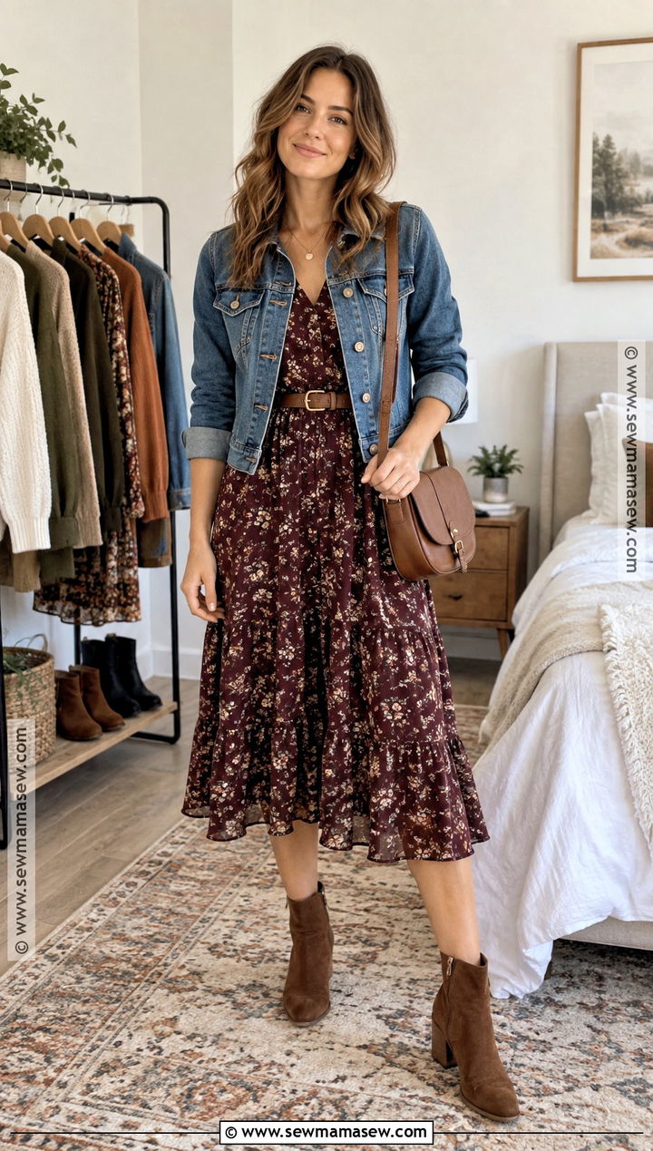 Denim Jacket And Floral Midi Dress Fall Outfit - 15 Fall Fashion Clothing Rack Ideas